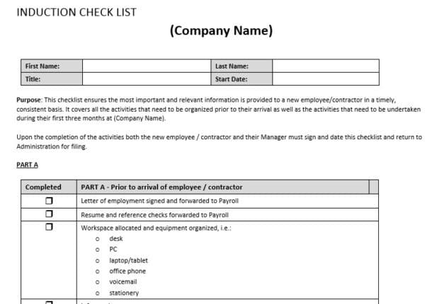 Induction Checklist - New Employee