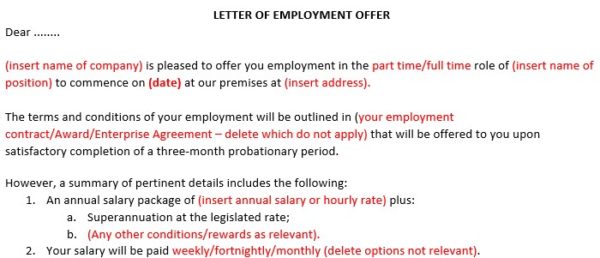 Letter of Employment Offer Template