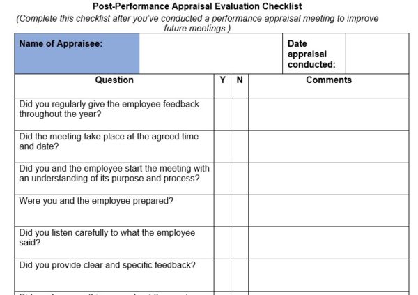 Post Performance Appraisal Evaluation Checklist